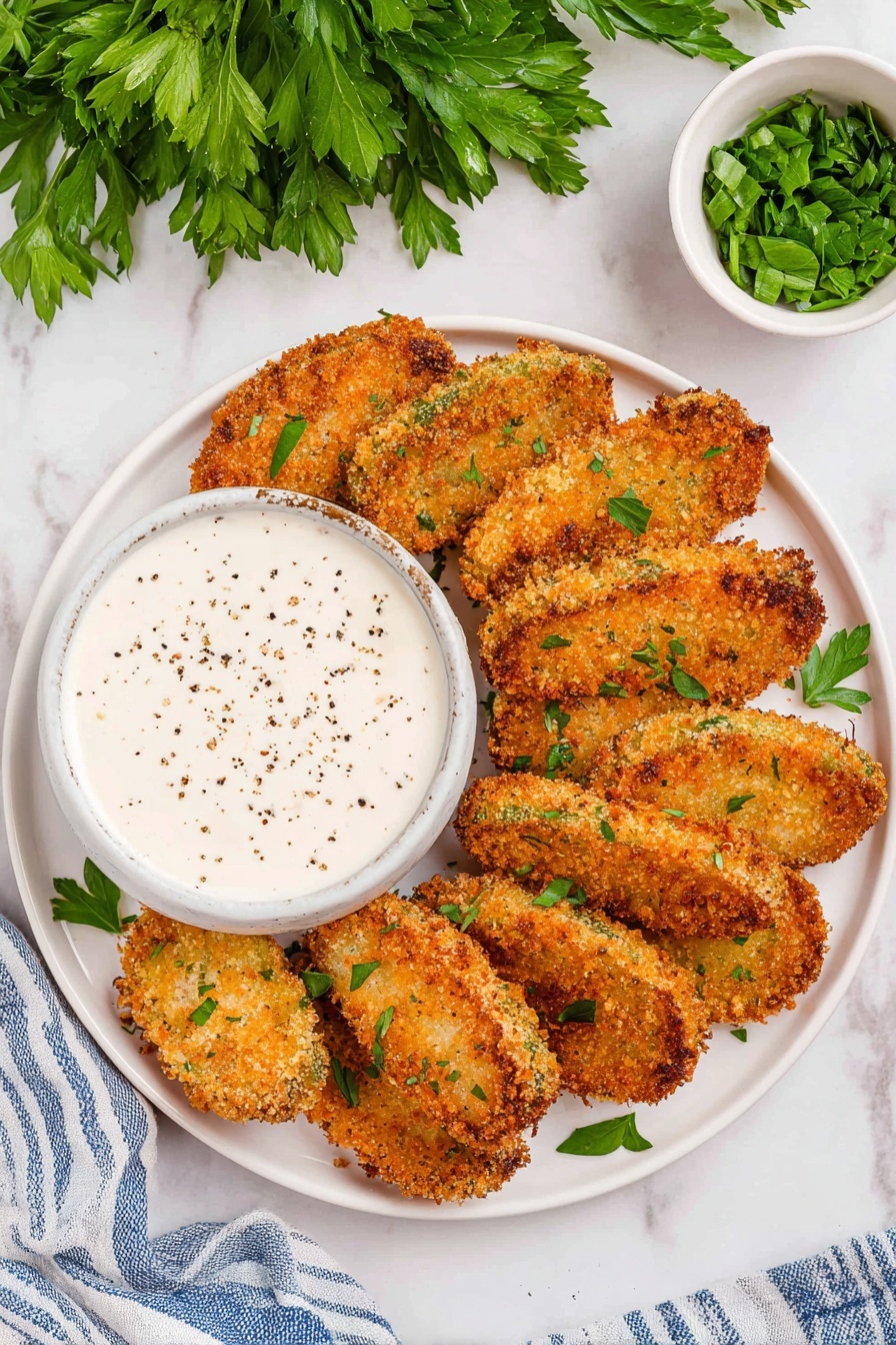 A white plate holds nine golden brown crispy fried strips arranged in a slightly overlapping circular shape, with some small green parsley leaves sprinkled on top. To the left side of the plate, there is a small white bowl filled with creamy white dipping sauce speckled with black pepper. In the upper right corner, a small white bowl contains more chopped green parsley. The whole scene sits on a white marbled surface, with a bunch of fresh green parsley visible in the top left area and a cloth with blue stripes partially visible at the bottom left corner. Photo taken with an iphone --ar 2:3 --v 7