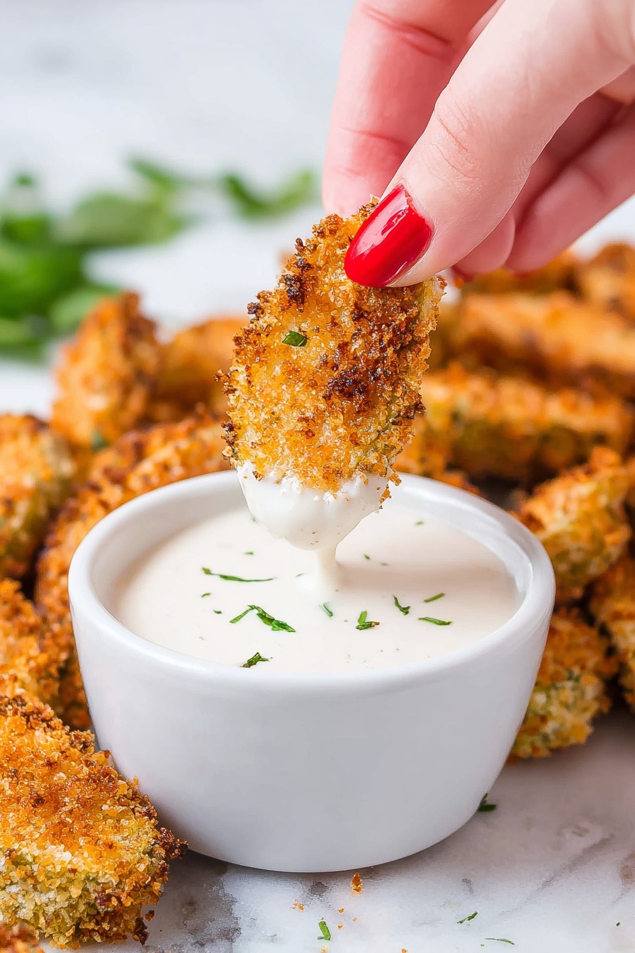A clear glass bowl filled with a smooth, pale yellow batter that has small air bubbles on the surface is placed on a white marbled texture. A woman's hand is dipping a thin, green pickle slice vertically into the batter, partially covered by it. In the background, a white rectangular dish holds several neatly arranged pickle slices, showing layers of light green and yellow, while a white bowl with brown grains or crumbs is partially visible on the right side. The scene is bright and clean with soft lighting. photo taken with an iphone --ar 2:3 --v 7