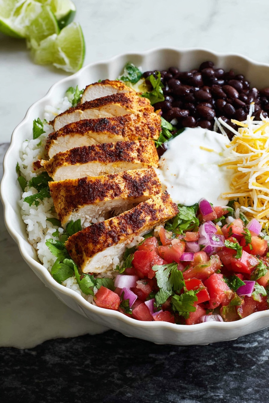 A white scalloped bowl sits on a white marbled surface filled with a colorful layered dish. At the center are six slices of grilled, seasoned chicken with a golden-brown crust and white inside, arranged slightly overlapping. Surrounding the chicken at the front and right is white rice mixed with bright red diced tomatoes, green cilantro leaves, and purple onion pieces, creating a fresh salsa appearance. To the right of the chicken are black beans topped with a dollop of white sour cream. Behind the chicken, there is a small pile of pale yellow shredded cheese and lime wedges peeking from the back edge of the bowl. Photo taken with an iphone --ar 2:3 --v 7