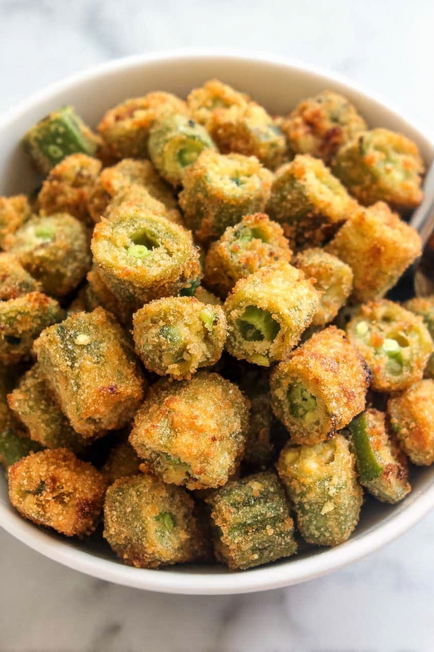 The image shows a white bowl filled with small, crispy, bite-sized cubes of golden brown fried food with visible green bits, suggesting herbs or vegetables inside. The cubes have a crumbly texture with a slightly rough surface. There is a silver spoon lifting several cubes above the bowl, focusing on the detailed texture and color of the food. The background is a white marbled surface, giving a clean and bright setting. Photo taken with an iphone --ar 2:3 --v 7