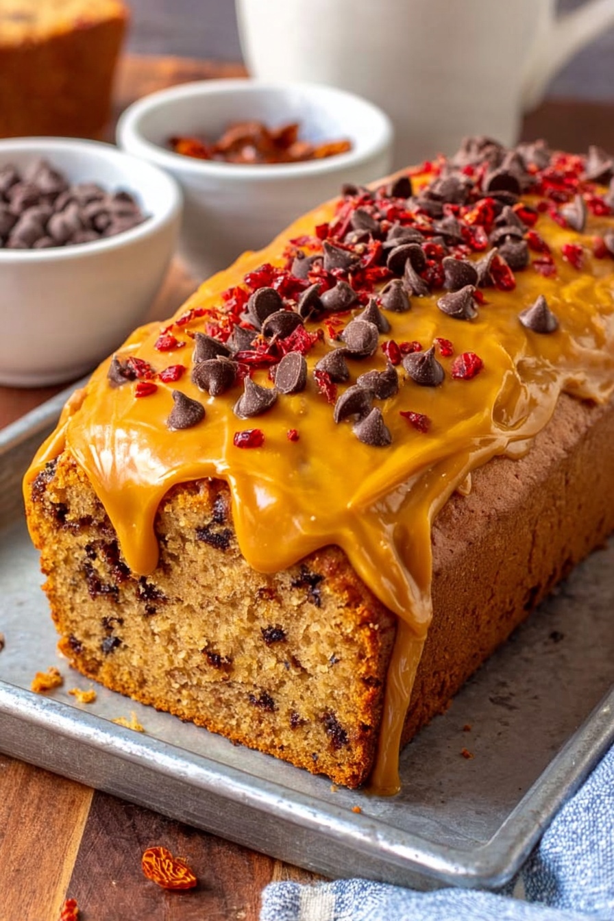 A loaf cake with two layers is shown on a silver tray over a white marbled surface. The bottom layer is a golden-brown bread filled with small dark spots, indicating chocolate chips or small chocolate pieces. The top layer is a thick orange frosting that is spread unevenly and dripping slightly down the side. The frosting is topped with scattered milk chocolate chips and some small red dried pieces, likely dried fruit. To the left and right of the tray are white bowls, one with a few dried pieces and the other filled with chocolate chips. The photo taken with an iphone --ar 2:3 --v 7