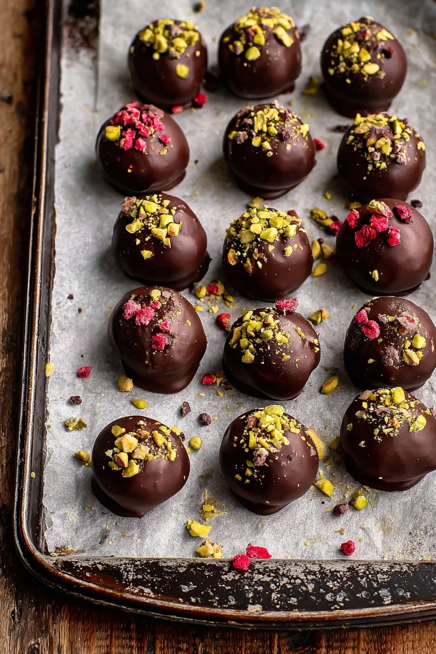 This image shows a tray covered with parchment paper holding 18 round chocolate-covered treats. Each treat has a smooth, dark brown chocolate outer layer with a shiny finish. The top of each piece is decorated with small, colorful toppings in three different types: bright pink crumbs, light green chopped pistachios, and dark brown cacao nibs. The treats are arranged in a loose cluster, with some small pieces of topping scattered around them on the parchment. The tray is set on a white marbled surface. Photo taken with an iphone --ar 2:3 --v 7