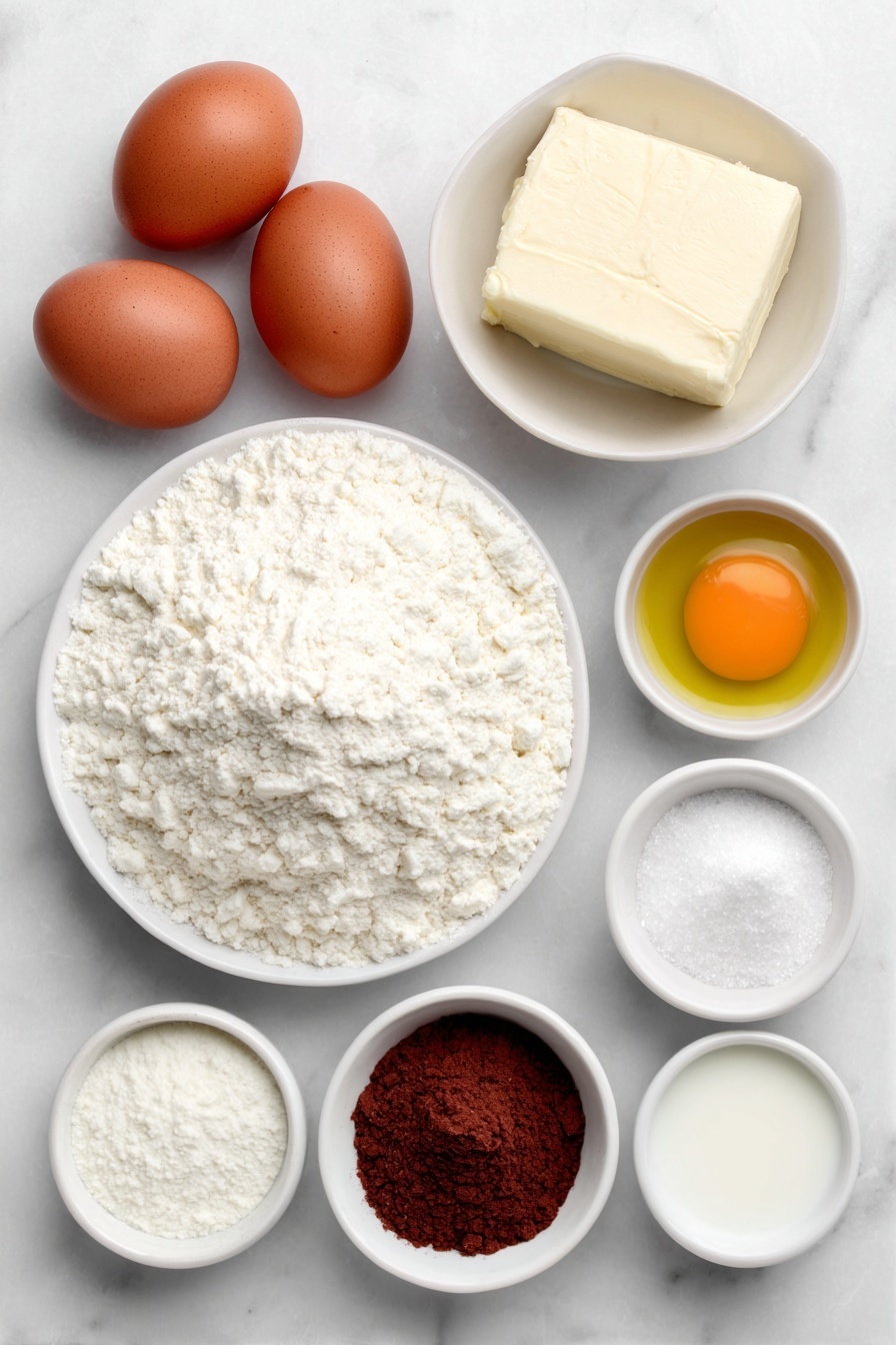 Flat lay of a small mound of smooth unsalted butter, a small bowl of fine all-purpose flour, a small bowl of white cornstarch, a small bowl of rich unsweetened cocoa powder, a small pile of granulated white sugar crystals, two whole large brown eggs with clean shells, one whole large egg yolk in a simple white ceramic bowl, a small white bowl filled with golden vegetable oil, a small white bowl containing clear white vinegar, a small white bowl with translucent vanilla extract, a small white bowl of bright red gel food coloring, a block of soft cream cheese, a small mound of softened unsalted butter, a small white bowl of powdered sugar, and a tiny white bowl with fresh milk—all arranged symmetrically and balanced on a clean white marble surface, soft natural light, photo taken with an iPhone, professional food photography style, fresh ingredients, white ceramic bowls, no bottles, no duplicates, no utensils, no packaging --ar 2:3 --v 7 --p m7354615311229779997