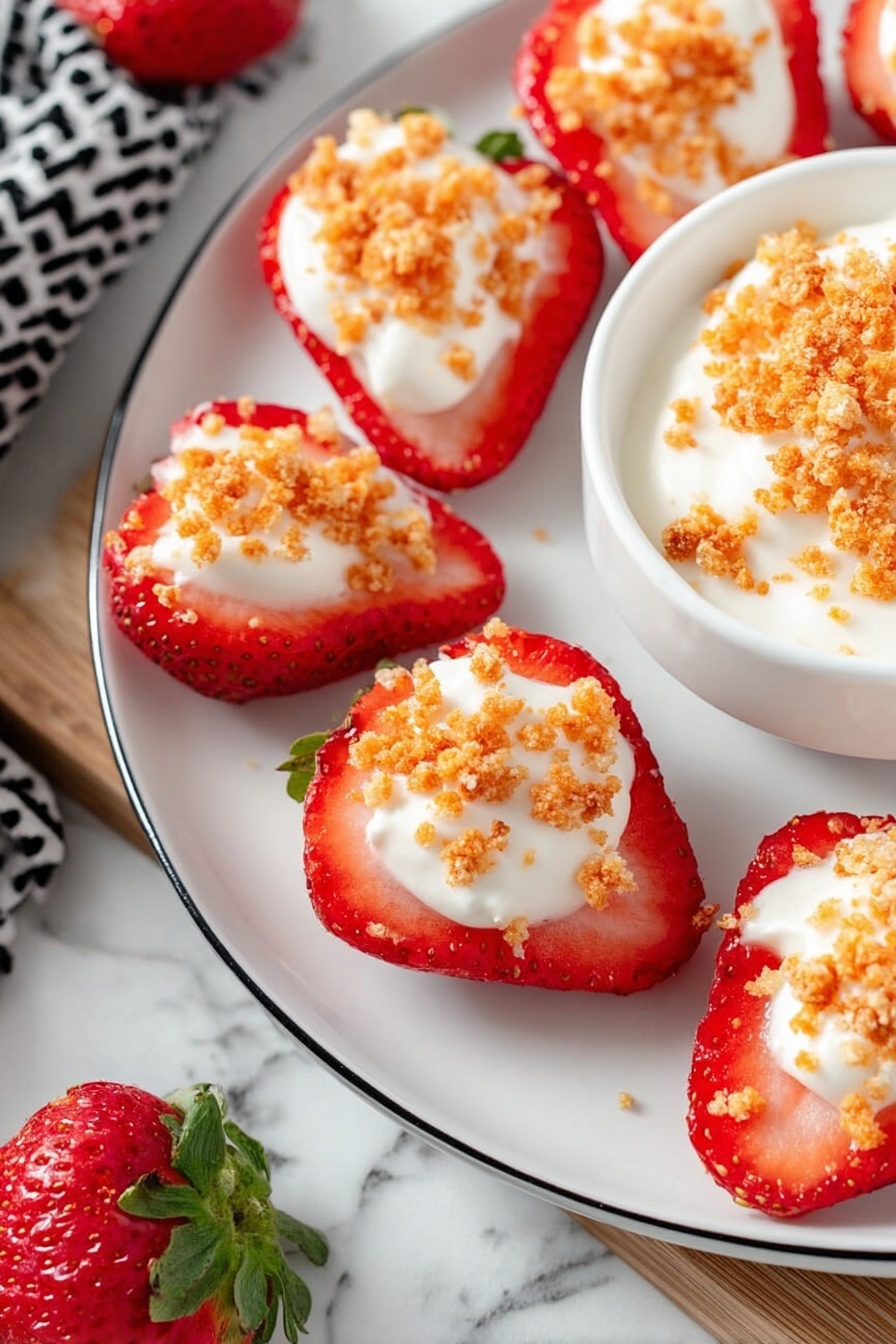 The image shows a white plate with several strawberry halves arranged in a circle along the edge. Each strawberry half is topped with a smooth, white creamy layer, which is then sprinkled with small, crunchy orange crumbs. In the background, there is a white bowl filled with the same white creamy mixture, also sprinkled with orange crumbs. The surface is a white marbled texture, and a fresh strawberry with green leaves is partly visible at the bottom left corner. photo taken with an iphone --ar 2:3 --v 7