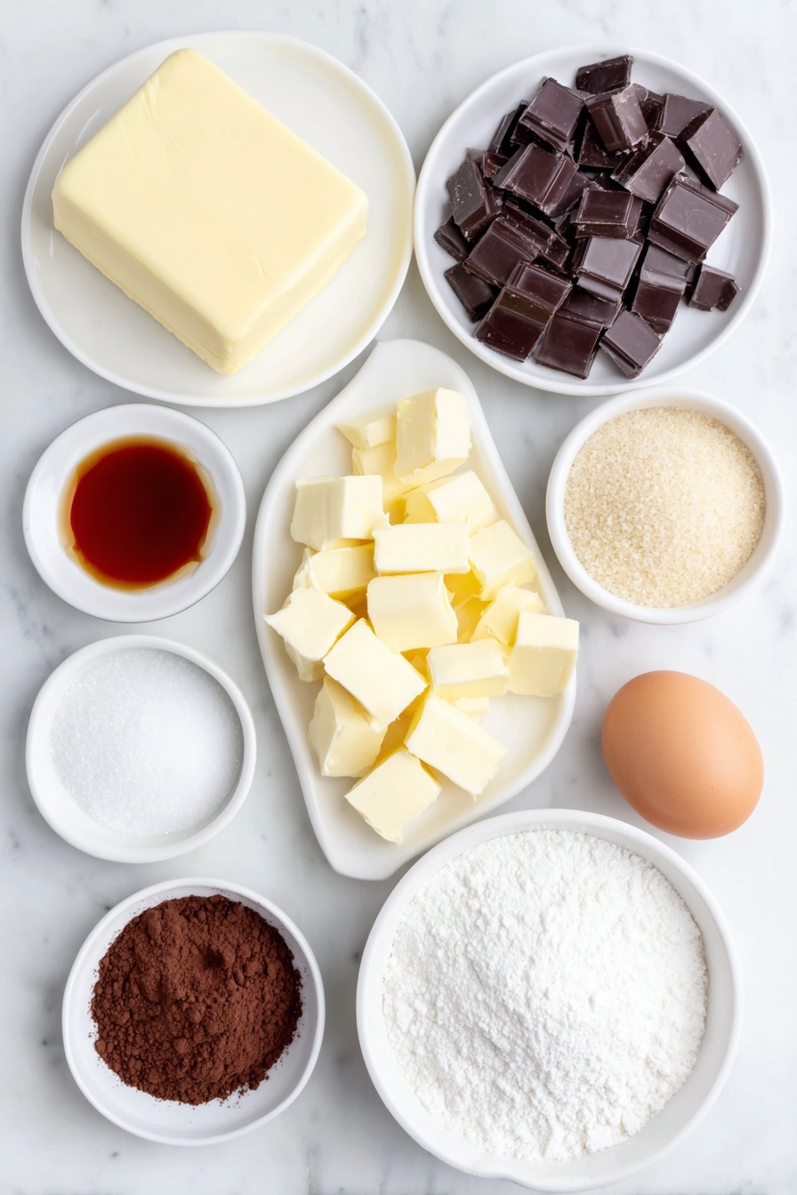 Flat lay of a small slab of unsalted butter with a golden sheen, a neat pile of light brown sugar granules, a small mound of fine white sugar, one large brown egg and one slightly smaller egg yolk on a crisp white ceramic plate, a small white bowl filled with amber vanilla bean paste, a small white bowl holding a clear vinegar, a small white bowl containing bright gel red food coloring, a simple white ceramic bowl with all purpose flour, a small white bowl of rich Dutch processed cocoa powder, a pinch of coarse salt crystals scattered elegantly, a small white bowl with pale baking powder powder, a tiny white bowl filled with fine baking soda, a white ceramic dish artistically arranged with a mix of chopped white, milk, and dark chocolate chunks, all ingredients fresh and natural, perfect symmetry in layout placed on a clean white marble surface, soft natural light, photo taken with an iPhone, professional food photography style, fresh ingredients, white ceramic bowls, no bottles, no duplicates, no utensils, no packaging --ar 2:3 --v 7 --p m7354615311229779997