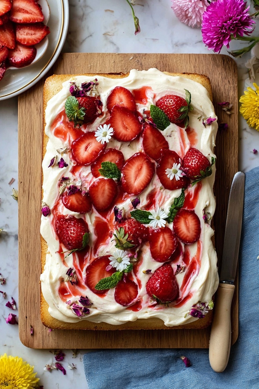 The image shows a rectangular single-layer cake on a wooden board, placed on a white marbled surface with a blue cloth underneath. The cake base is light golden brown with a thick, uneven layer of white cream spread on top. Swirls of red strawberry sauce add color, topped with fresh, halved strawberries scattered around. Small white edible flowers and green mint leaves, along with some dried purple flower petals, decorate the surface. A woman’s hand holds a knife with a light-colored handle next to the cake. Pink and yellow flowers are placed at the top right corner, and a white plate with sliced strawberries sits on the left side. Photo taken with an iphone --ar 2:3 --v 7
