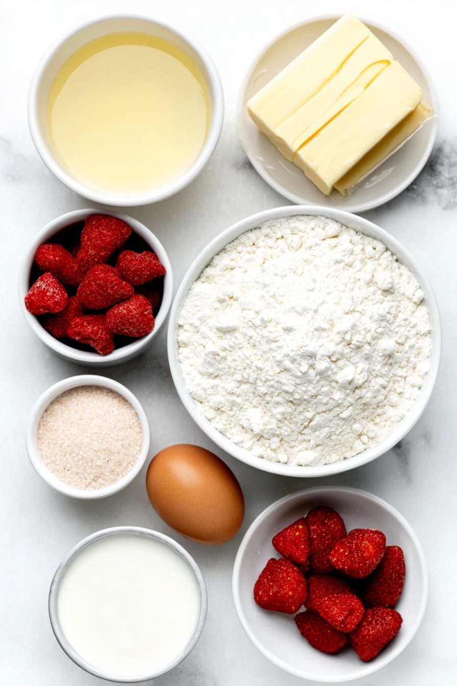 Flat lay of a small white ceramic bowl filled with clear water, a small white ceramic bowl holding white bread flour, a few tablespoons of granulated sugar lightly heaped in a white ceramic dish, a whole large brown egg with a clean shell, a small white ceramic bowl of pale pink freeze-dried strawberry powder, a few tablespoons of unsalted butter in a solid stick form, a small white ceramic bowl of whole milk, a small white ceramic bowl filled with fine sea salt crystals, a small white ceramic bowl with neutral cooking oil, a small white ceramic bowl filled with powdered sugar, and some whole freeze-dried strawberries scattered neatly, all arranged in perfect symmetry on a clean white marble surface, soft natural light, photo taken with an iPhone, professional food photography style, fresh ingredients, white ceramic bowls, no bottles, no duplicates, no utensils, no packaging --ar 2:3 --v 7 --p m7354615311229779997