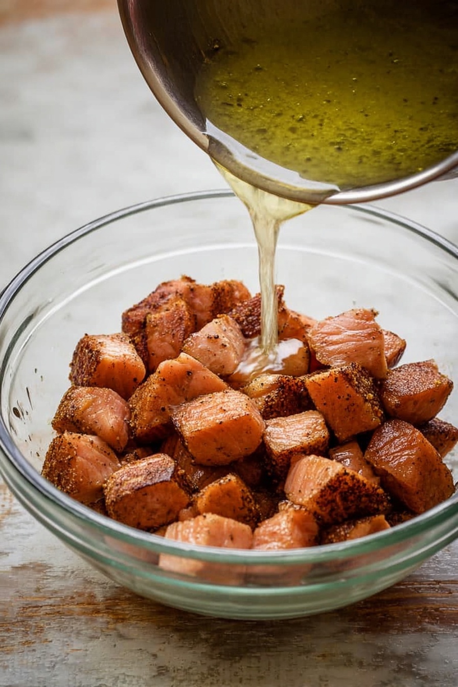 A bowl filled with a base layer of white fluffy rice, topped with several pieces of shiny, glazed orange-brown grilled tofu arranged in the center. Underneath and around the tofu, there are bright green grilled asparagus stalks. On the side, there is a serving of fresh green herbs with some small yellow and orange edible flowers adding color. A small white bowl with pale green creamy dressing sits on the right edge inside the larger bowl. The bowl is on a white marbled surface with rustic wooden elements and small utensils visible around it. Photo taken with an iphone --ar 2:3 --v 7