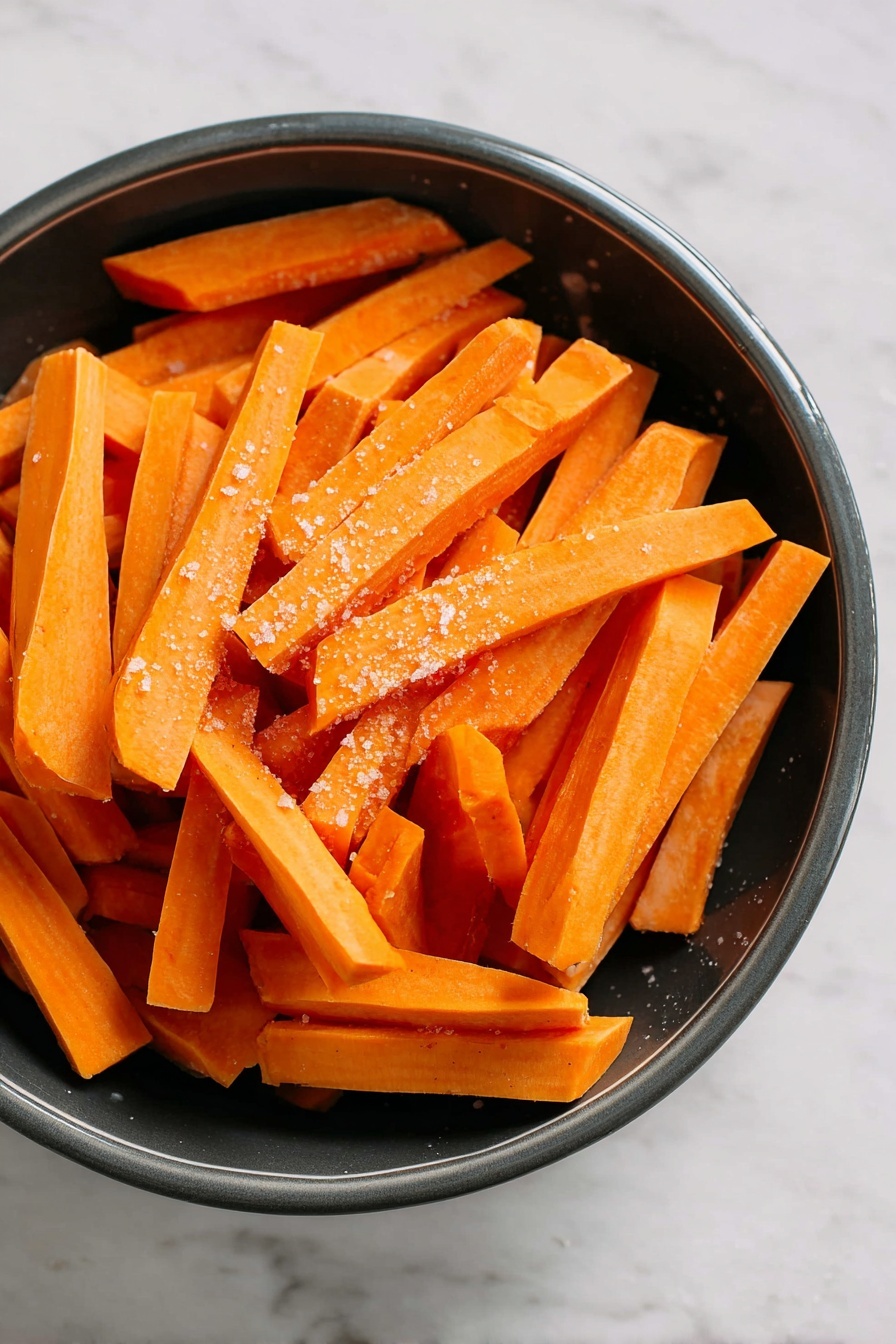 A small white bowl filled with smooth, creamy, light beige dipping sauce sits on a light gray cloth with a coarse texture. Around the bowl are several long, thin sweet potato fries, deep orange with dark brown crispy edges. Two fries rest inside the bowl, standing upright and partially dipped in the sauce, while more fries lay scattered nearby on the cloth and the white marbled surface beneath. In the top left corner, a white paper-lined white dish holds a pile of similar crispy sweet potato fries. The whole scene is softly lit with natural light from above, emphasizing the textures and warm colors of the fries and sauce photo taken with an iphone --ar 2:3 --v 7