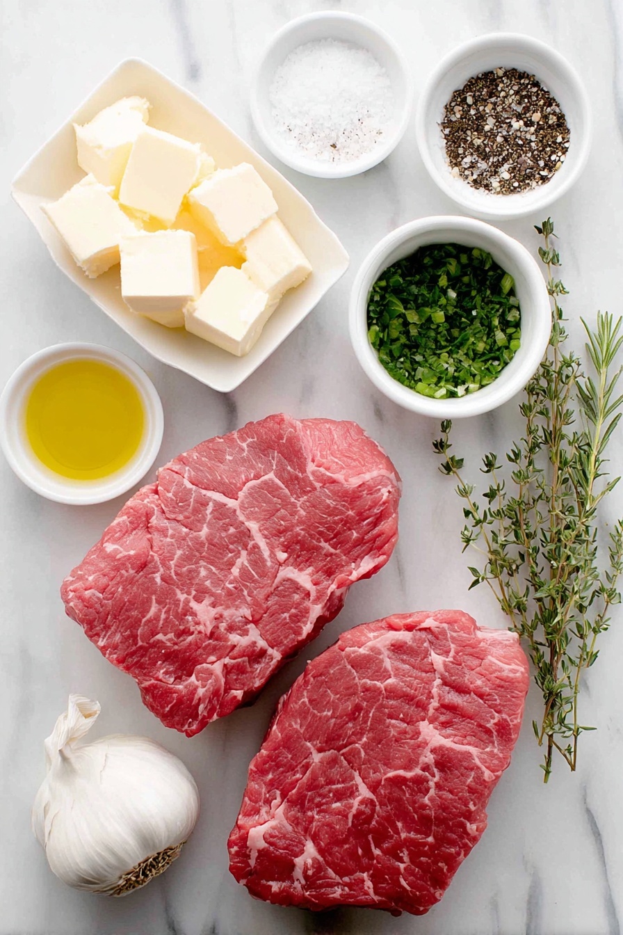 Flat lay of two raw filet mignon steaks with deep red color and marbling, a small white bowl of golden olive oil, a few grains of coarse sea salt scattered beside, a small white bowl with ground black pepper, a small white bowl holding softened pale yellow unsalted butter, a small white bowl with finely chopped bright green fresh parsley, a small white bowl with finely chopped fresh thyme leaves, a small white bowl with diced fresh rosemary sprigs, and one whole uncracked garlic bulb with papery white skin placed nearby, all ingredients fresh and natural, arranged with perfect symmetry on simple white ceramic dishes and bowls, placed on a clean white marble surface, soft natural light, photo taken with an iPhone, professional food photography style, fresh ingredients, white ceramic bowls, no bottles, no duplicates, no utensils, no packaging --ar 2:3 --v 7 --p m7354615311229779997