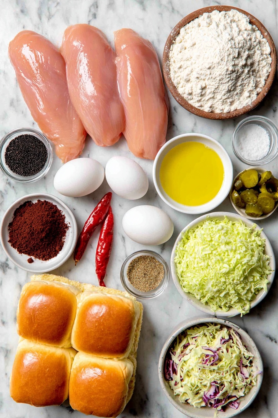 Flat lay of fresh raw chicken tenders with smooth skin, two whole clean white eggs, a small white bowl of buttermilk, a small white bowl filled with white all-purpose flour, a smaller white bowl of fine cornstarch, a few bright red cayenne peppers arranged near a small pile of paprika powder, a mound of dark brown raw brown sugar crystals, a small white bowl of ground black pepper, a small white bowl of fine salt, a small white bowl of garlic powder, a small white bowl of golden vegetable oil, a simple white ceramic bowl with a mix of shredded green and purple cabbage, a small white bowl of creamy mayonnaise, a few thin slices of bright green pickles, and a stack of soft mini slider buns with golden tops, all placed on a clean white marble surface, soft natural light, photo taken with an iPhone, professional food photography style, fresh ingredients, white ceramic bowls, no bottles, no duplicates, no utensils, no packaging --ar 2:3 --v 7 --p m7354615311229779997
