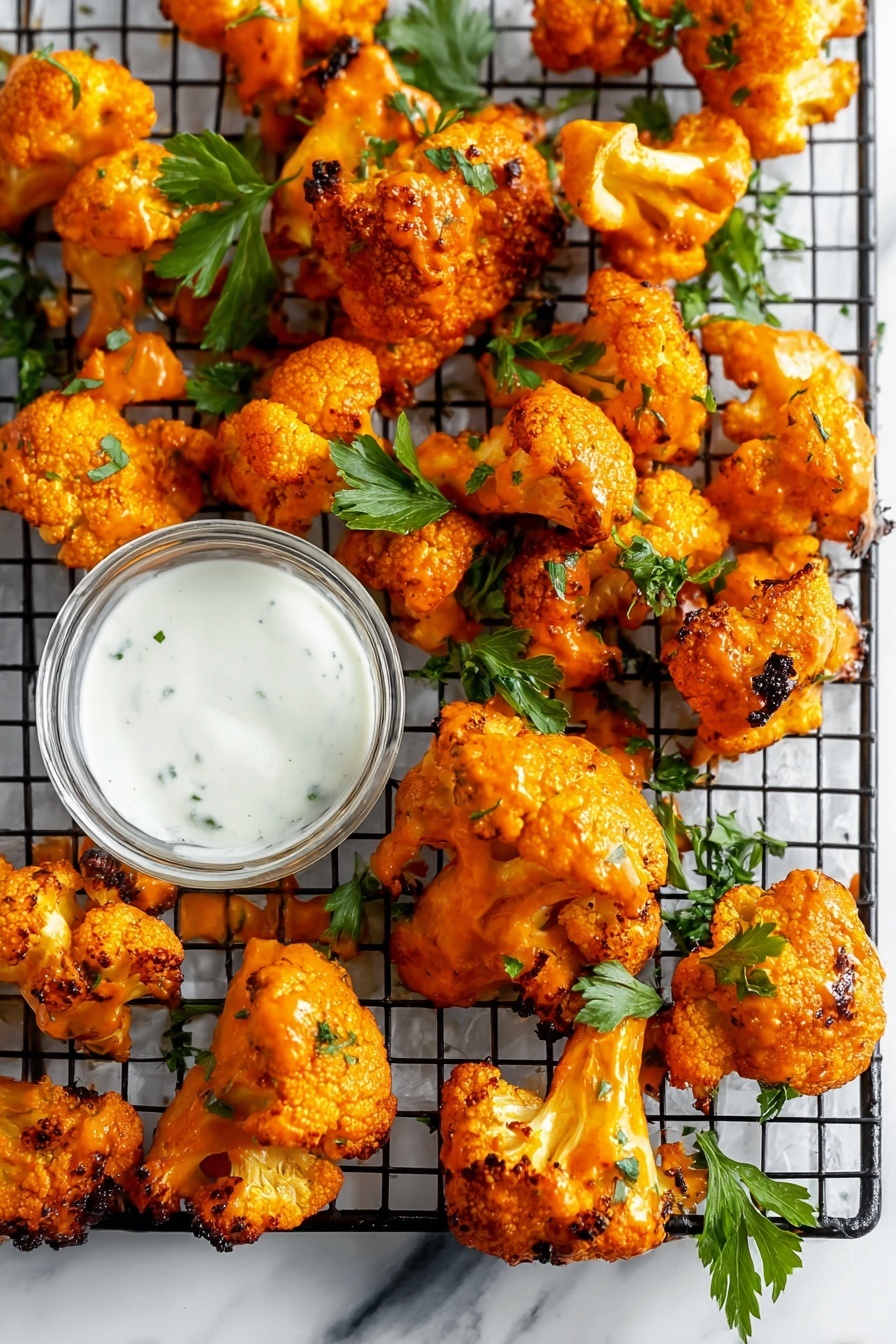 Several pieces of crispy cauliflower coated in a bright orange sauce are spread evenly across a black metal cooling rack. The cauliflower pieces have a slightly charred texture with darker spots, giving them a roasted look. Green parsley leaves are scattered among the cauliflower as garnish, adding a fresh touch with their vibrant green color. A small clear glass bowl filled with smooth white dipping sauce sits on the rack to the left side. The whole arrangement is set on a white marbled surface. photo taken with an iphone --ar 2:3 --v 7