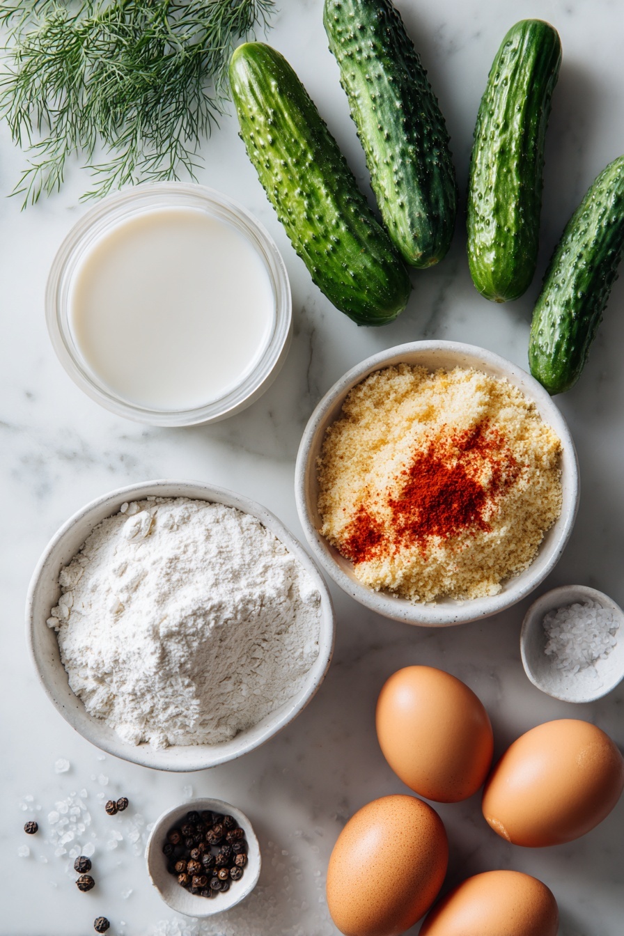 Flat lay of fresh bright green dill pickle spears, a small white ceramic bowl of fine white all-purpose flour, two whole uncracked brown eggs, a small white ceramic bowl of creamy milk, a small white ceramic bowl filled with golden panko breadcrumbs mixed with a sprinkle of vibrant red paprika, coarse salt crystals, and cracked black peppercorns scattered gently, all arranged symmetrically in perfect proportions, placed on a clean white marble surface, soft natural light, photo taken with an iPhone, professional food photography style, fresh ingredients, white ceramic bowls, no bottles, no duplicates, no utensils, no packaging --ar 2:3 --v 7 --p m7354615311229779997