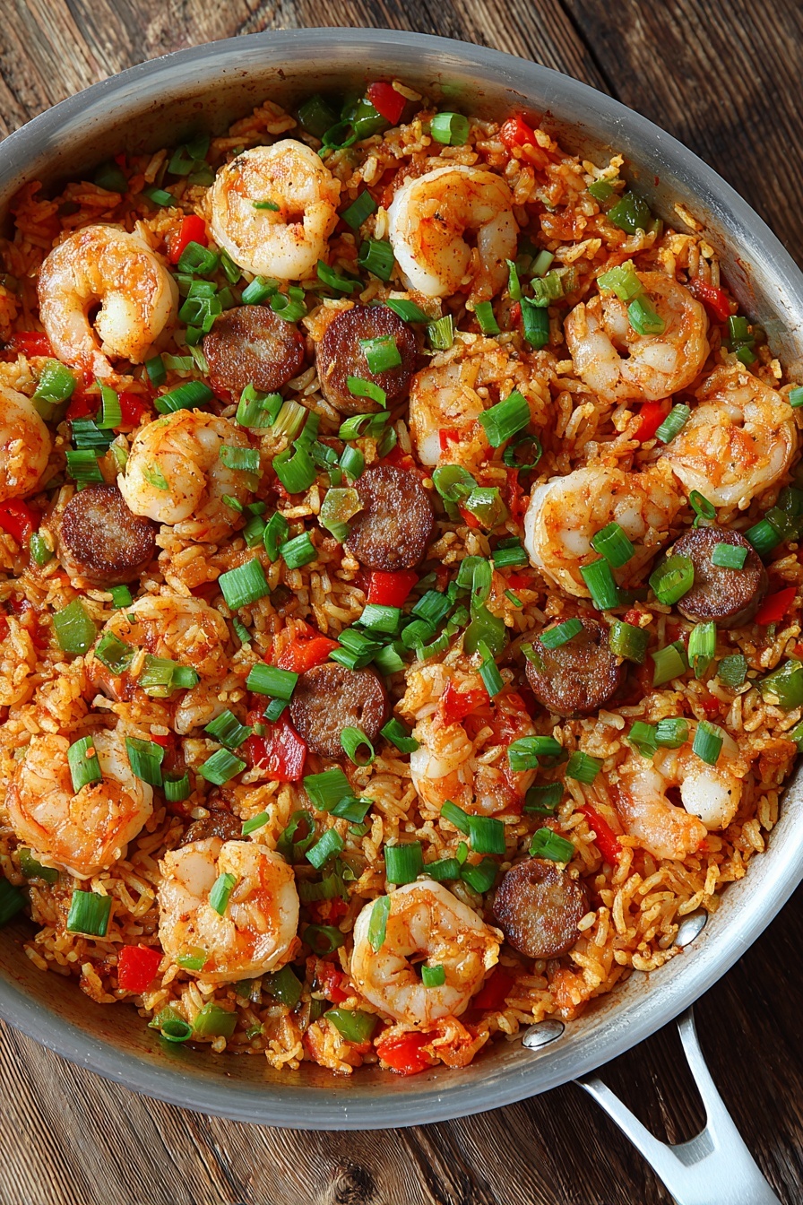 A white pan filled with a dish made of three main layers: the base layer is reddish-orange cooked rice mixed evenly with chopped green and red bell peppers and bits of green onions, the middle layer has round slices of browned sausage scattered throughout, and the top layer shows plump, cooked shrimp with a slightly orange tint. The pan handle points toward the bottom center, resting on a light blue cloth with white fringes. Around the pan are a black bowl with gold cutlery inside, a wooden board with fresh green herbs, some garlic cloves, and whole red and green bell peppers on a white marbled surface. photo taken with an iphone --ar 2:3 --v 7