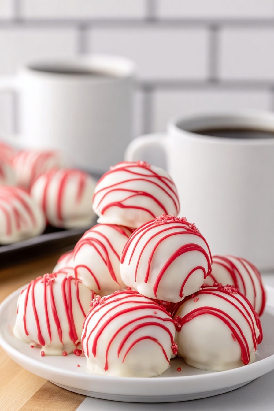 A white plate holds a pile of seven smooth, round white balls that each have bright red lines drizzled over the top in a random pattern. The balls look soft and slightly shiny, creating a clean contrast with the white plate underneath. In the background, there is a white marbled surface with a white mug filled with black coffee and a metal tray with more balls that look similar but are blurred. The whole scene has a bright, fresh look, all set against a white marbled texture. photo taken with an iphone --ar 2:3 --v 7