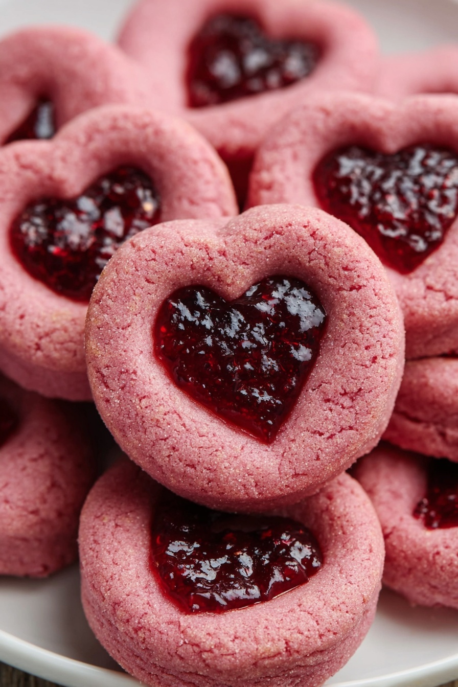 A close-up pile of round, pink cookies with two layers each; the base layer is soft and smooth with a light brown hint visible at the edge, while the top layer is bright pink and has a heart-shaped cut-out in the center filled with shiny, dark red fruit jam with a slightly chunky texture. The cookies are snugly stacked on a white plate, placed on a white marbled surface. The jam adds a glossy contrast to the matte cookie layers. photo taken with an iphone --ar 2:3 --v 7