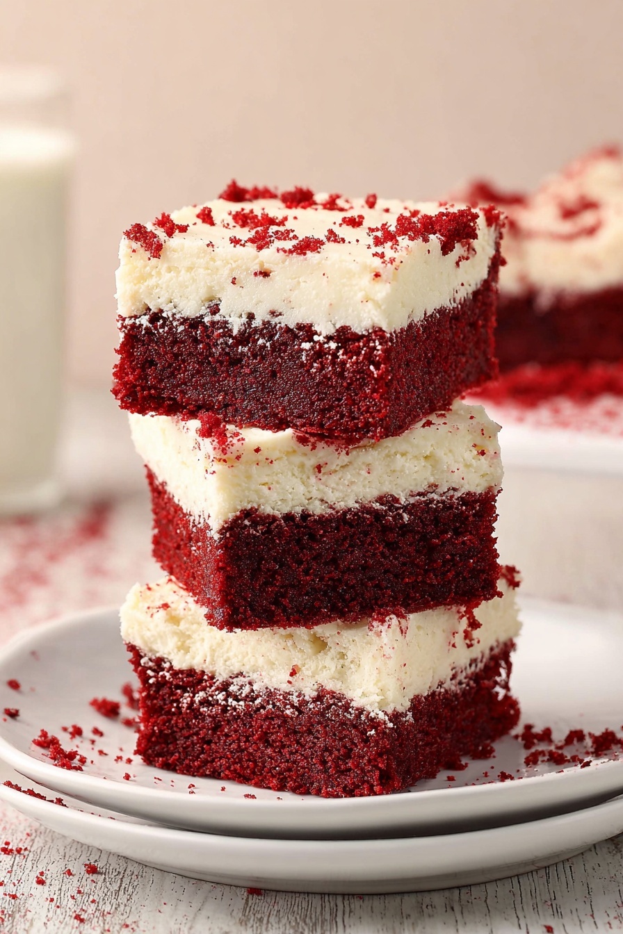 A stack of three square dessert bars sits on a simple white plate against a white marbled surface. Each bar has two thick layers—the bottom is a dense, rich red layer with a moist texture, while the top layer is a creamy off-white layer with a light, slightly crumbly texture. Small red crumbs are scattered on the plate and a few are lightly sprinkled on the top layer of the bars. The background is softly blurred, adding focus to the dessert stack. Photo taken with an iphone --ar 2:3 --v 7