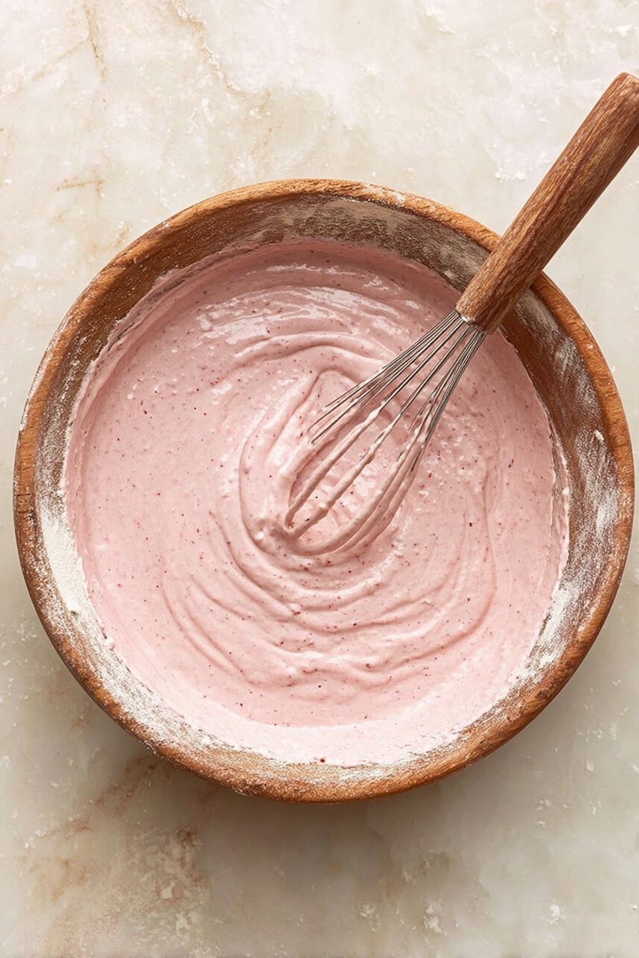 The image shows a single slice of light pink cake with a soft, crumbly texture, topped with a smooth layer of pale pink frosting. On top of the frosting, there are fresh strawberry slices adding bright red color with green small leaves attached. The slice sits on a white plate with a scalloped edge, with a gold fork placed under the slice. In the background, there is another smaller rectangular piece of the same cake on a similar white plate. Around the plates, whole strawberries and small pieces of dried strawberries are scattered on a white marbled surface. photo taken with an iphone --ar 2:3 --v 7