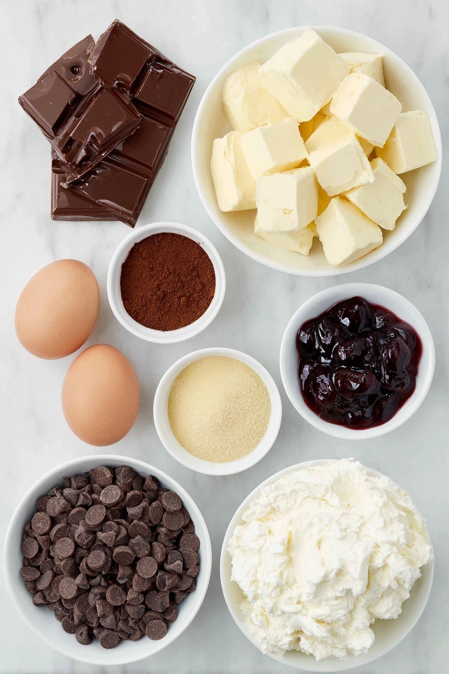 Flat lay of chunks of creamy unsalted butter, a small mound of golden caster sugar, two small white ceramic bowls each holding a clear liquid vanilla extract and a light amber almond extract, four whole uncracked medium brown eggs, a small heap of coarse ground almonds, a small pile of rich dark brown cocoa powder, a tiny mound of fine white baking powder, a small white ceramic bowl filled with melted dark chocolate, a small white ceramic bowl with glossy dark chocolate chips, fresh black cherries whole and halved arranged cut-side-up, a small white ceramic bowl holding deep red cherry jam, and a small white ceramic bowl of thick whipped cream placed on a clean white marble surface, soft natural light, photo taken with an iPhone, professional food photography style, fresh ingredients, white ceramic bowls, no bottles, no duplicates, no utensils, no packaging --ar 2:3 --v 7 --p m7354615311229779997