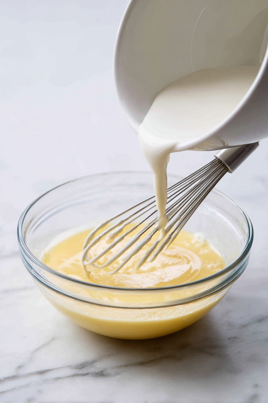 A close view of a dessert in a white round dish with a caramelized golden-brown top layer that looks crisp and shiny. Below this top is a creamy, smooth creamy yellow custard layer that is soft and thick. The dessert is decorated with a few fresh red raspberries on top. A woman's hand with red-painted nails holds a gold spoon lifting a small serving that shows the caramel layer on top and the creamy custard inside. The dishes rest on a white marbled textured surface with some extra raspberries scattered around. Photo taken with an iphone --ar 2:3 --v 7
