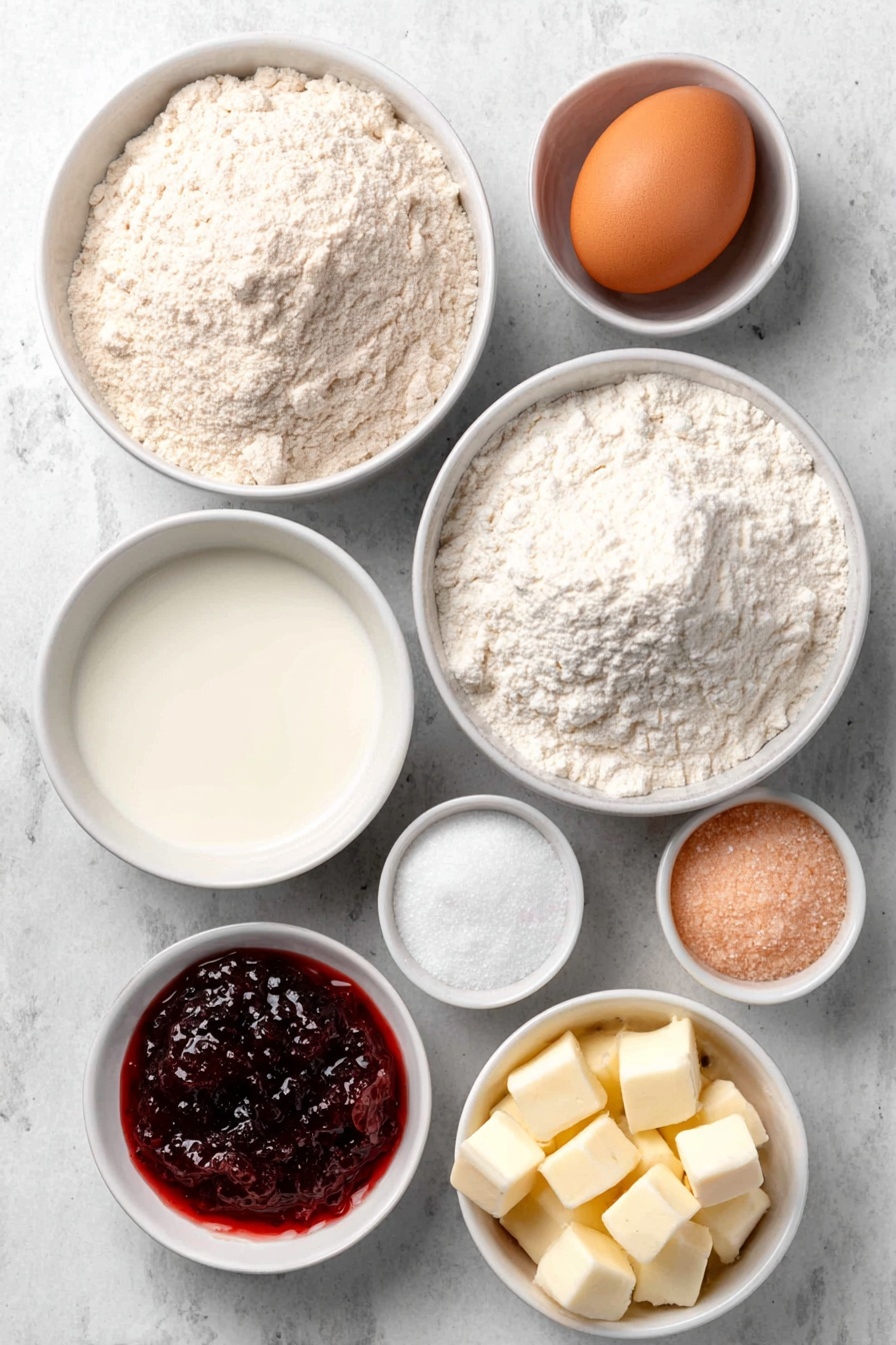 Flat lay of a small white ceramic bowl of water, a small white ceramic bowl of bread flour, a simple mound of bread flour, a small white ceramic bowl of granulated sugar, a small white ceramic bowl of instant yeast, a small white ceramic bowl of fine sea salt, a small white ceramic bowl of whole milk, one large whole uncracked egg with a clean shell, a small white ceramic bowl of unsalted butter cubes, a small white ceramic bowl of neutral oil, a small white ceramic bowl of raspberry jelly, all arranged in perfect symmetry on a clean white marble surface, soft natural light, photo taken with an iPhone, professional food photography style, fresh ingredients, white ceramic bowls, no bottles, no duplicates, no utensils, no packaging --ar 2:3 --v 7 --p m7354615311229779997