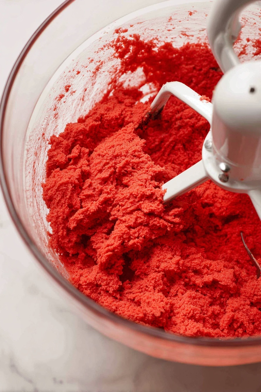 The image shows several round cookies with a smooth light beige base and a bright red heart shape in the center of each cookie. The edges of the cookies are decorated with small pink and white round sprinkles that add texture and color contrast. In the middle of the image, one cookie is broken in half, revealing the inside which mirrors the outside colors — golden beige edges and a dense red heart center. The cookies rest on a round white plate and a metal rack, all placed on a white marbled surface. A woman's hand is not visible but implied from the positioning and arrangement. There is also a white bowl filled with pink and white sprinkles on top, partially visible in the background. photo taken with an iphone --ar 2:3 --v 7
