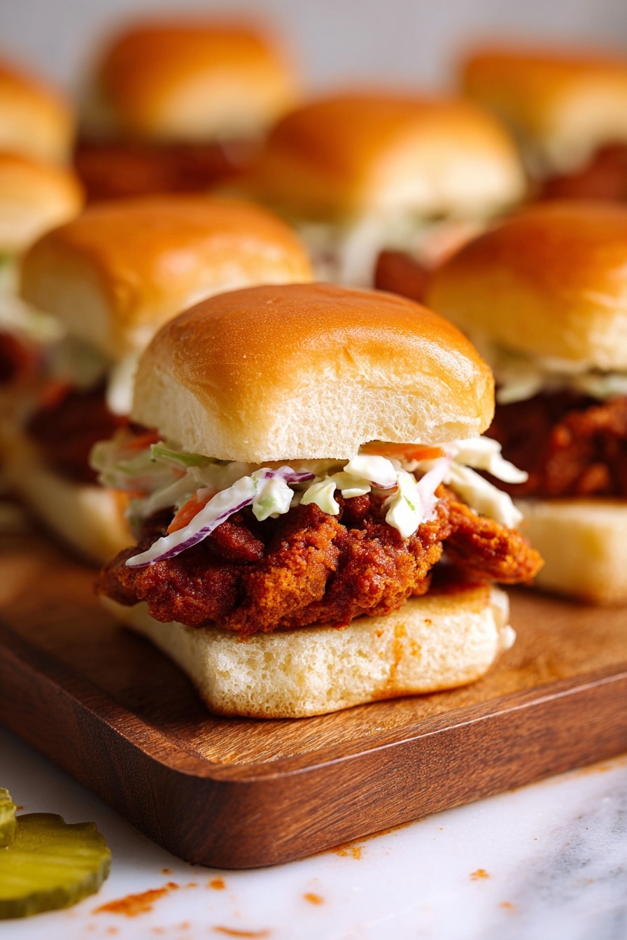 The image shows a close-up of a fried chicken sandwich placed on a wooden board with a white marbled texture underneath. The sandwich has three main layers: a soft, golden brown top bun with a slight shine, a thick layer of crispy, dark orange fried chicken with a crunchy texture, and a layer of light coleslaw made of shredded white and light green cabbage mixed with thin orange carrot strips sitting beneath the chicken. The bottom bun is soft and white, matching the top bun in texture but lighter in color. In the blurred background, multiple similar sandwiches are visible, arranged closely together. A small piece of green pickle and coleslaw are scattered on the white marbled surface near the board. Photo taken with an iphone --ar 2:3 --v 7