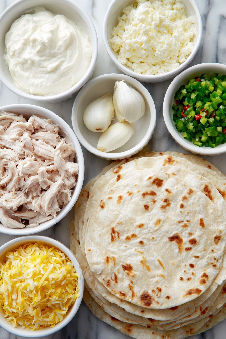 Flat lay of two cloves of fresh garlic, half a white onion, a small white ceramic bowl of softened cream cheese, a small white ceramic bowl of diced green chiles, a small white ceramic bowl of vibrant green salsa verde, a small white ceramic bowl of sour cream, a pile of shredded cooked chicken breast, a small white ceramic bowl of shredded Mexican blend cheese, and a stack of warm 10-inch flour tortillas, arranged with perfect symmetry and balanced proportions, placed on a clean white marble surface, soft natural light, photo taken with an iPhone, professional food photography style, fresh ingredients, white ceramic bowls, no bottles, no duplicates, no utensils, no packaging --ar 2:3 --v 7 --p m7354615311229779997