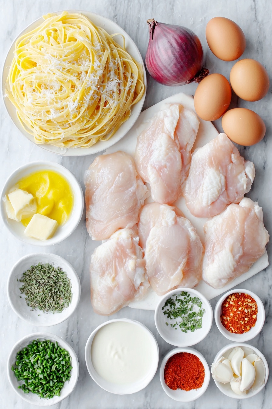 Flat lay of a small mound of fresh linguine pasta, six raw skinless boneless chicken thighs arranged neatly, a whole large shallot with smooth purple skin, a small pile of mixed red, yellow, and orange bell pepper slices, whole uncracked brown eggs, a small white ceramic bowl with softened unsalted butter, a small white bowl containing bright Dijon mustard, a small white bowl with finely minced garlic cloves, a small white bowl filled with freshly chopped parsley, a small white bowl with chopped chives, a small white bowl holding fresh thyme leaves, a small white bowl with vibrant sweet paprika powder, a small white bowl of coarse salt, a small white bowl with red pepper flakes, a small white bowl with fresh lemon wedges alongside lemon zest, a small white bowl of clear olive oil, a small white bowl of heavy cream, a small white bowl of freshly grated Parmesan cheese, and a small white bowl with fresh whole garlic cloves placed on a clean white marble surface, soft natural light, photo taken with an iPhone, professional food photography style, fresh ingredients, white ceramic bowls, no bottles, no duplicates, no utensils, no packaging --ar 2:3 --v 7 --p m7354615311229779997