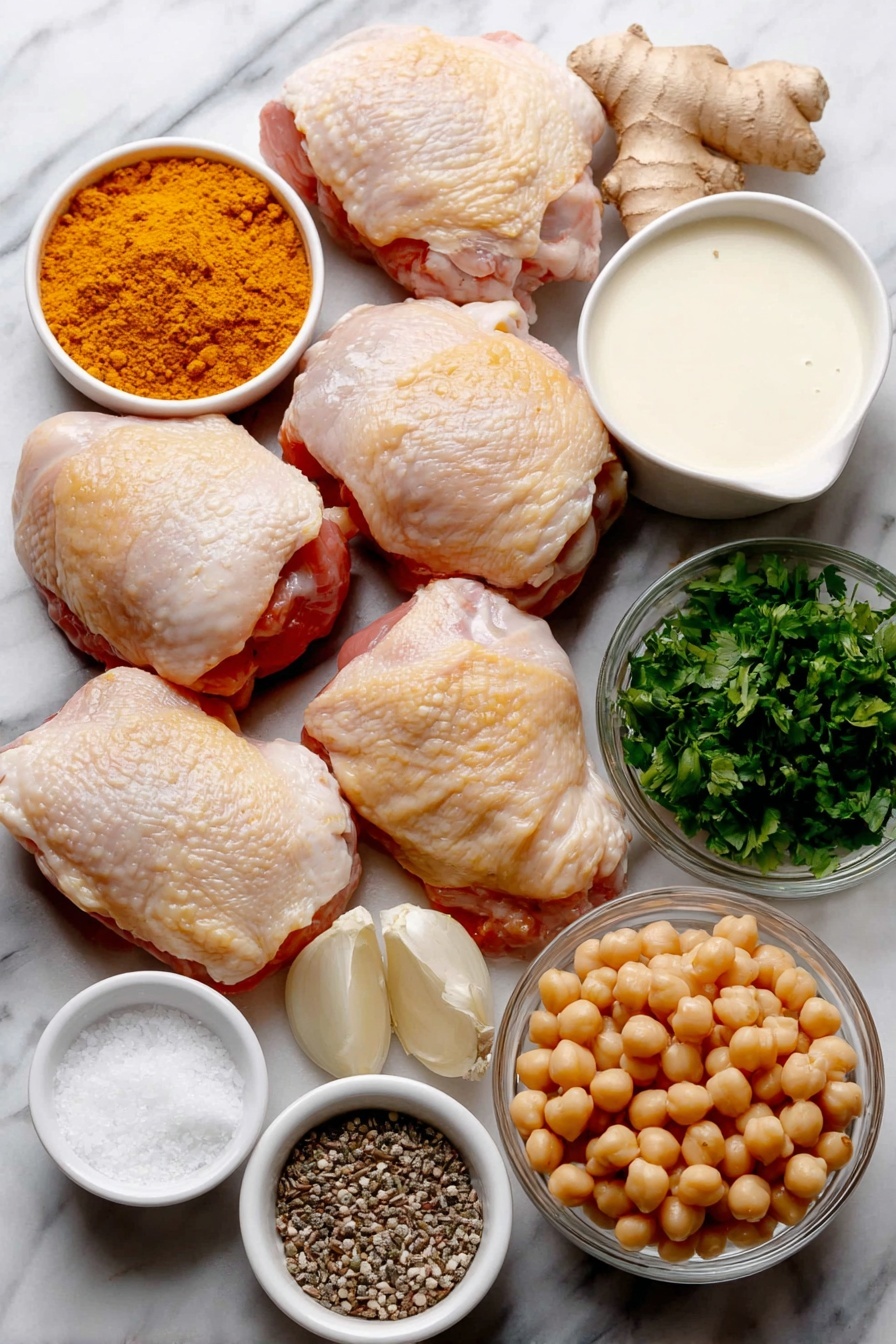 Flat lay of twelve raw chicken thighs without skin, fresh ginger root with some peeled minced pieces beside it, four large garlic cloves thinly sliced, a small white bowl filled with rich creamy coconut milk, loose vibrant yellow curry powder, a small heap of golden ground turmeric, a small pile of uncooked wild rice blend grains, four large cubed raw potatoes, a small white bowl containing rinsed chickpeas, a small white bowl of coarse salt, a small white bowl with ground black pepper, and a small bunch of fresh green cilantro leaves finely chopped—all arranged symmetrically on a clean white marble surface, soft natural light, photo taken with an iPhone, professional food photography style, fresh ingredients, white ceramic bowls, no bottles, no duplicates, no utensils, no packaging --ar 2:3 --v 7 --p m7354615311229779997