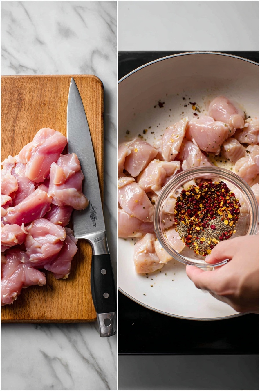 A white pan filled with three layers of food: the bottom layer is a red sauce mixed with chunks of light brown cooked chicken and white melted cheese pieces; the middle layer has bright red cherry tomatoes and dark green zucchini slices cut into small pieces; the top layer is sprinkled with dark balsamic glaze streaks and chopped green herbs, all stirred with a wooden spoon in the center. The pan sits on a white marbled texture. Photo taken with an iphone --ar 2:3 --v 7