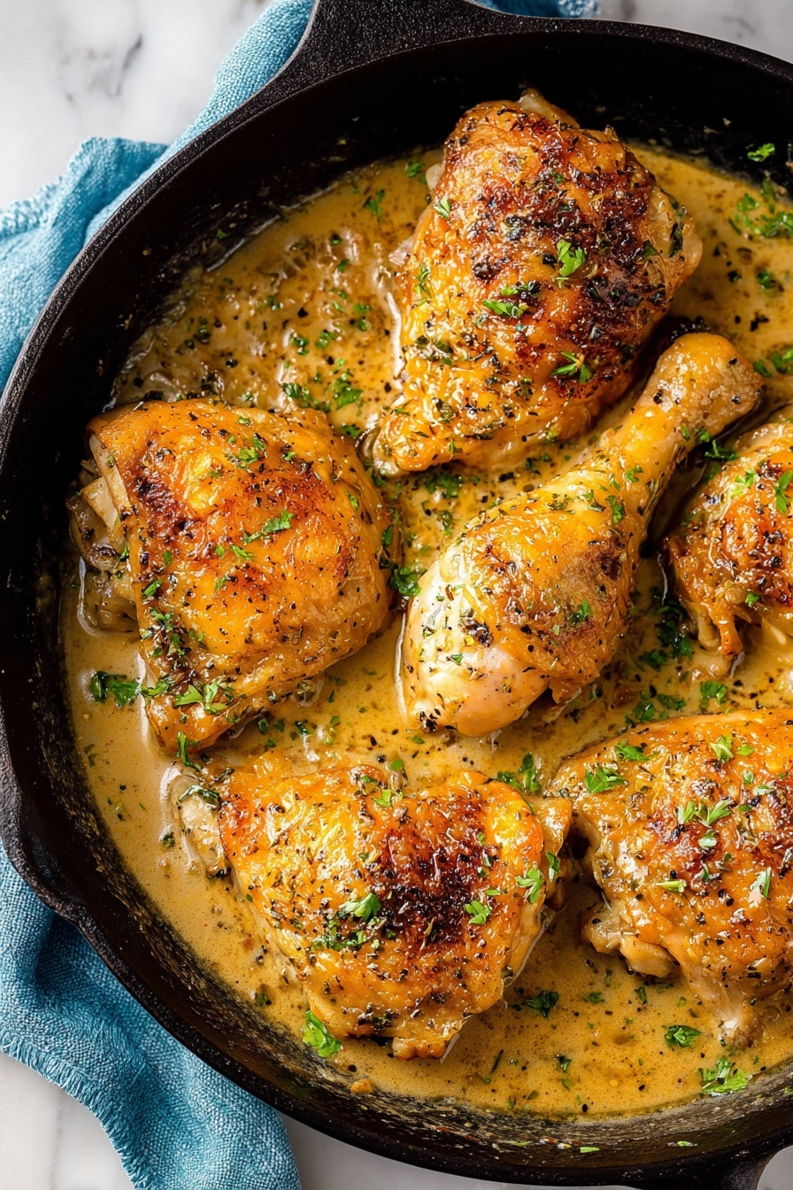 A black cast iron pan holds five golden brown cooked pieces of chicken, with crispy skin and sprinkled with fresh green herbs. The chicken is partly covered in a thick, light brown creamy sauce that fills the bottom of the pan, glistening with a slight shine. The pan is placed on a white marbled surface, with a blue cloth partially visible under one side. The chicken pieces vary in shape, including drumsticks and thighs, arranged closely together. photo taken with an iphone --ar 2:3 --v 7