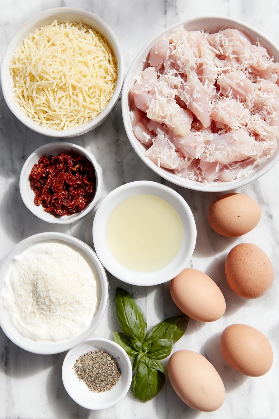 Flat lay of boneless skinless chicken breast pieces, a small pile of dry orzo pasta, a small white bowl of chopped sun-dried tomatoes, a small white bowl of minced garlic, a small white bowl of olive oil, a small white bowl of chicken broth, a small white bowl of half-and-half cream, a small pile of grated parmesan cheese, a handful of fresh chopped basil leaves, a small white bowl of mixed dried Italian seasoning, whole brown eggs with clean shells, scattered paprika powder, all arranged symmetrically on a clean white marble surface, soft natural light, photo taken with an iPhone, professional food photography style, fresh ingredients, white ceramic bowls, no bottles, no duplicates, no utensils, no packaging --ar 2:3 --v 7 --p m7354615311229779997