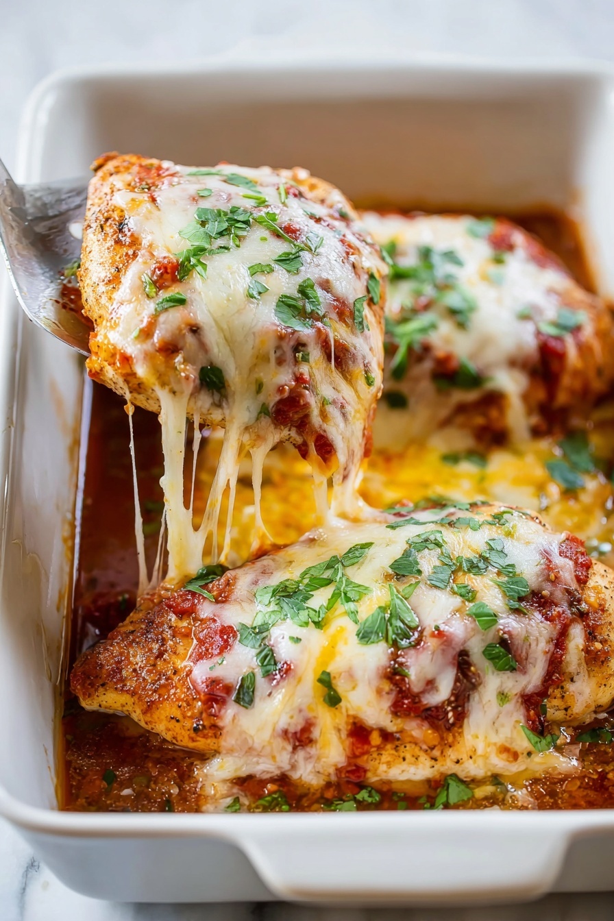The dish shows two large pieces of cooked chicken breasts in a white baking dish, each piece covered with a thick layer of melted cheese that is a mix of white and yellow, with some red tomato sauce underneath. The cheese is stretchy and stringy as a woman's hand lifts one piece with a spatula, revealing a crispy, seasoned chicken surface beneath. Both chicken pieces are sprinkled with fresh green chopped herbs on top, and the baking dish rests on a white marbled surface. photo taken with an iphone --ar 2:3 --v 7