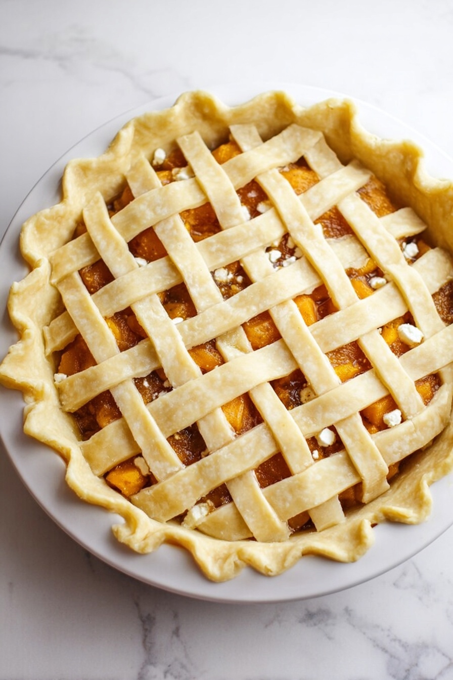 A single slice of peach pie sits on a white plate with a decorative edge. The pie has two layers of golden-brown crust, with a soft, gooey orange peach filling in the middle. On top of the slice is a scoop of white vanilla ice cream, drizzled with light caramel sauce. The plate rests on a white lace cloth over a white marbled surface. Behind the plate, a blurred whole pie in a white dish and a peach are visible. A silver fork lies next to the pie slice on the plate. Photo taken with an iphone --ar 2:3 --v 7