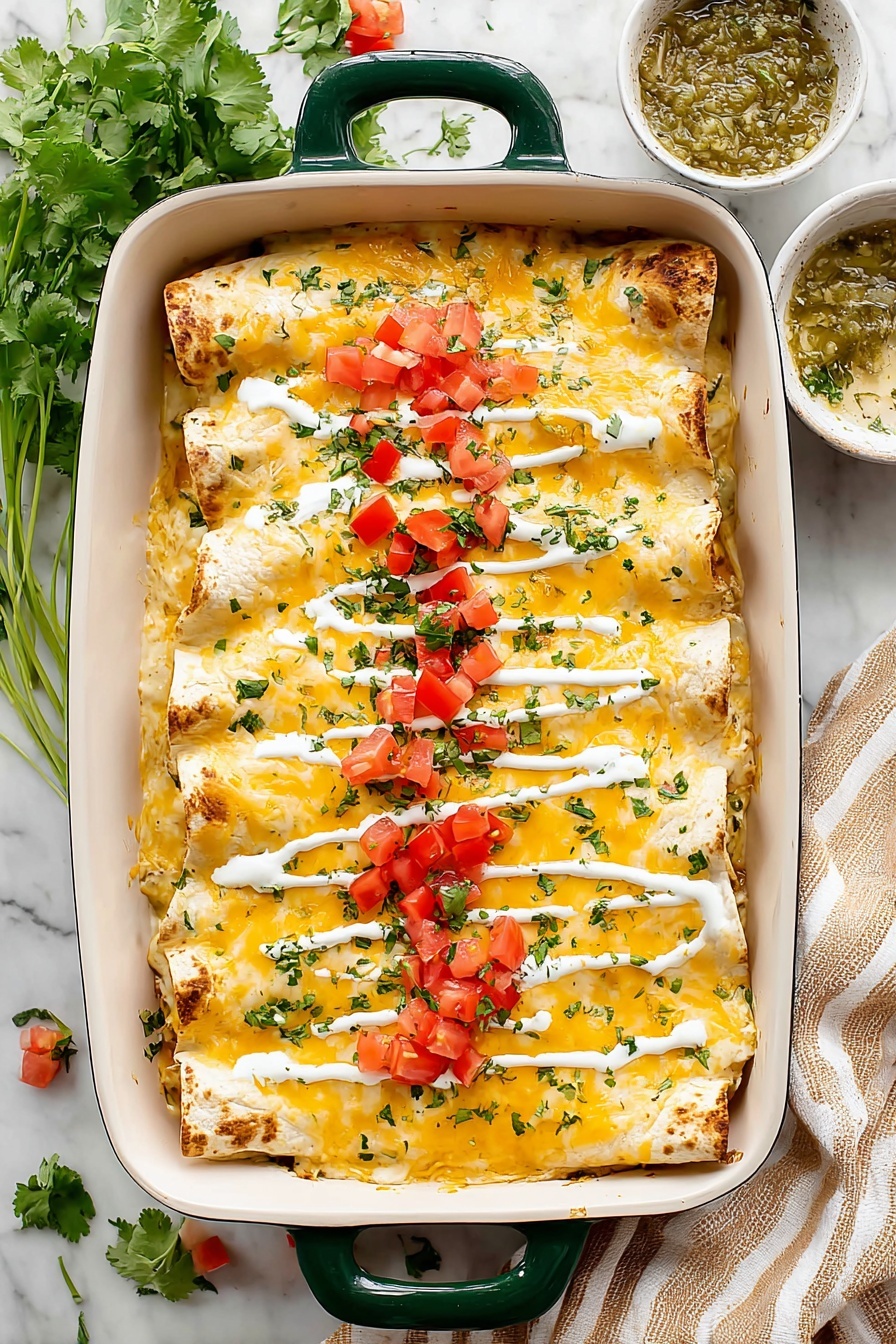 The image shows a green-handled white baking dish filled with three rolled, stuffed tortillas placed side by side as the base layer. On top, there is a layer of melted yellow cheddar cheese with a smooth, slightly bubbly texture. White sour cream is drizzled in thin, diagonal lines over the cheese, contrasted with chopped fresh green cilantro sprinkled evenly. Bright red tomato chunks are scattered on top, adding color and texture. Around the dish, sprigs of cilantro rest on a white marbled surface, with a white bowl of green salsa in the upper right corner. A beige and white striped cloth is partly visible on the right side. Photo taken with an iphone --ar 2:3 --v 7