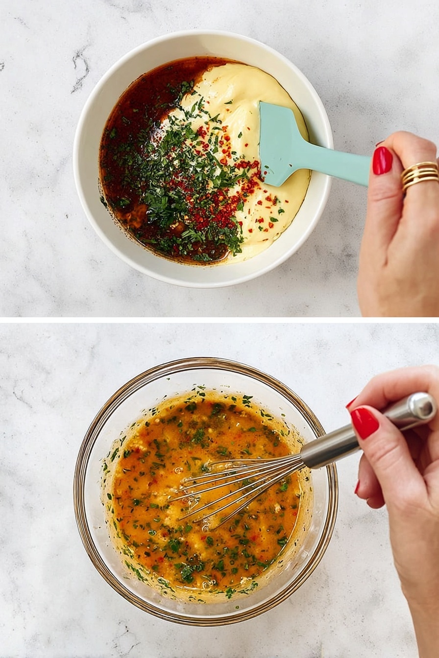 Two white plates are placed on a white marbled surface, each filled with a single layer of cooked yellow noodles mixed with orange chicken pieces and thin red strips, likely bell peppers. The noodles look soft and coated in a light sauce with small green herb bits scattered throughout. One plate has a metal fork resting on the edge, partially inside the noodles. Next to the plates is a small white bowl containing coarse salt mixed with red chili flakes. photo taken with an iphone --ar 2:3 --v 7