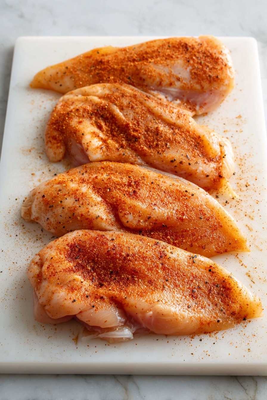 A white plate with a brown rim holds a dish with two pieces of cooked chicken covered in a creamy orange sauce mixed with small bits of browned bacon and thinly sliced almonds, topped with chopped green onions. On the left side of the plate, there are bright green steamed broccoli florets sprinkled with black pepper. A silver fork is placed at the bottom right, lifting a piece of the chicken. The surface beneath the plate is a white marbled texture. photo taken with an iphone --ar 2:3 --v 7