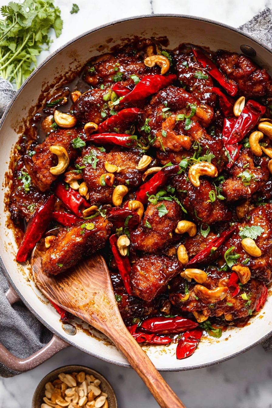 A large white pan filled with several pieces of crispy, golden-brown fried chicken coated in a thick, shiny dark brown sauce. The chicken pieces are mixed with bright red sliced bell peppers, whole dried red chili peppers, and golden cashew nuts. Fresh green chopped herbs are sprinkled evenly over the dish. A wooden spoon scoops some pieces in the center, showing a close mix of sauce, peppers, and nuts. The pan sits on a white marbled surface with scattered green herbs and a small bowl of chopped nuts nearby. Photo taken with an iphone --ar 2:3 --v 7