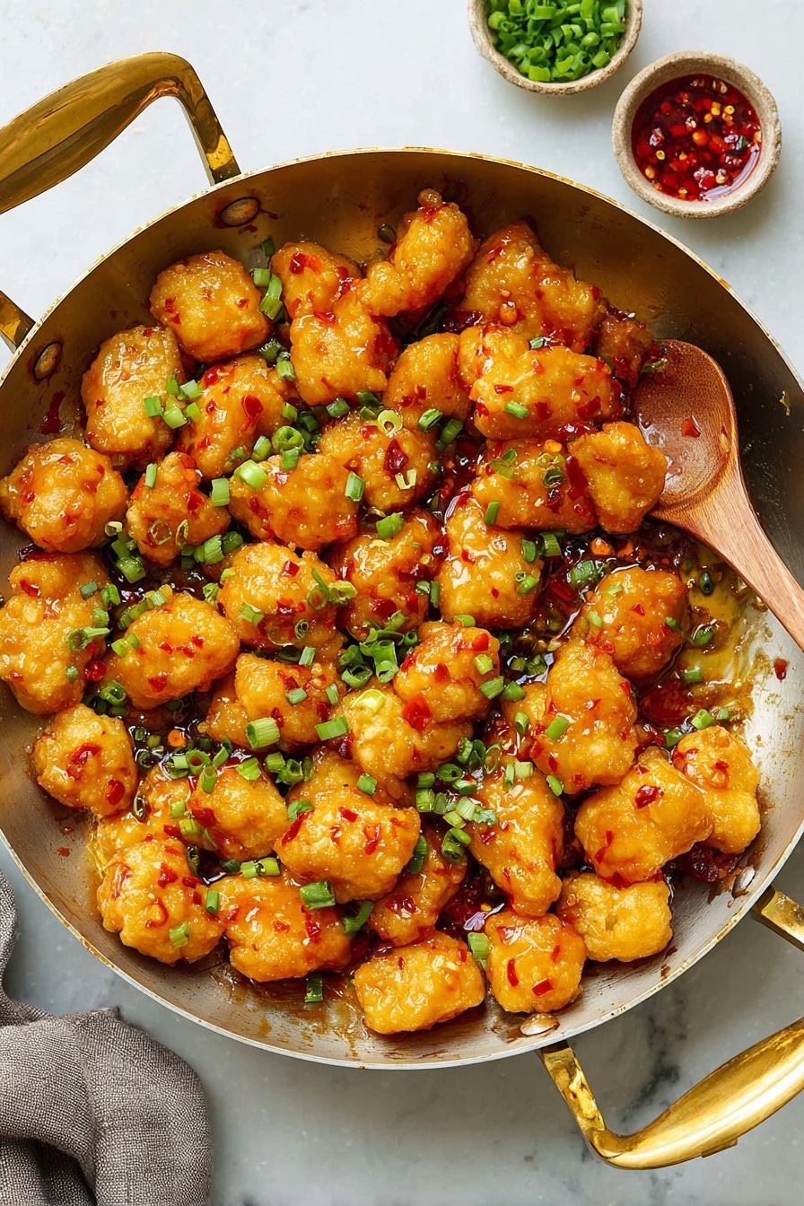 This image shows a round pan filled with many small pieces of golden-brown fried chicken covered in a shiny orange sauce with red chili flakes. The chicken pieces are mixed with bright green chopped scallions spread evenly on top. A wooden spoon is resting on the right side inside the pan, partly under the chicken. On the white marbled surface near the pan, there are two small bowls, one containing red chili sauce and the other containing more chopped green scallions. The pan has golden handles and a white marbled background. photo taken with an iphone --ar 2:3 --v 7