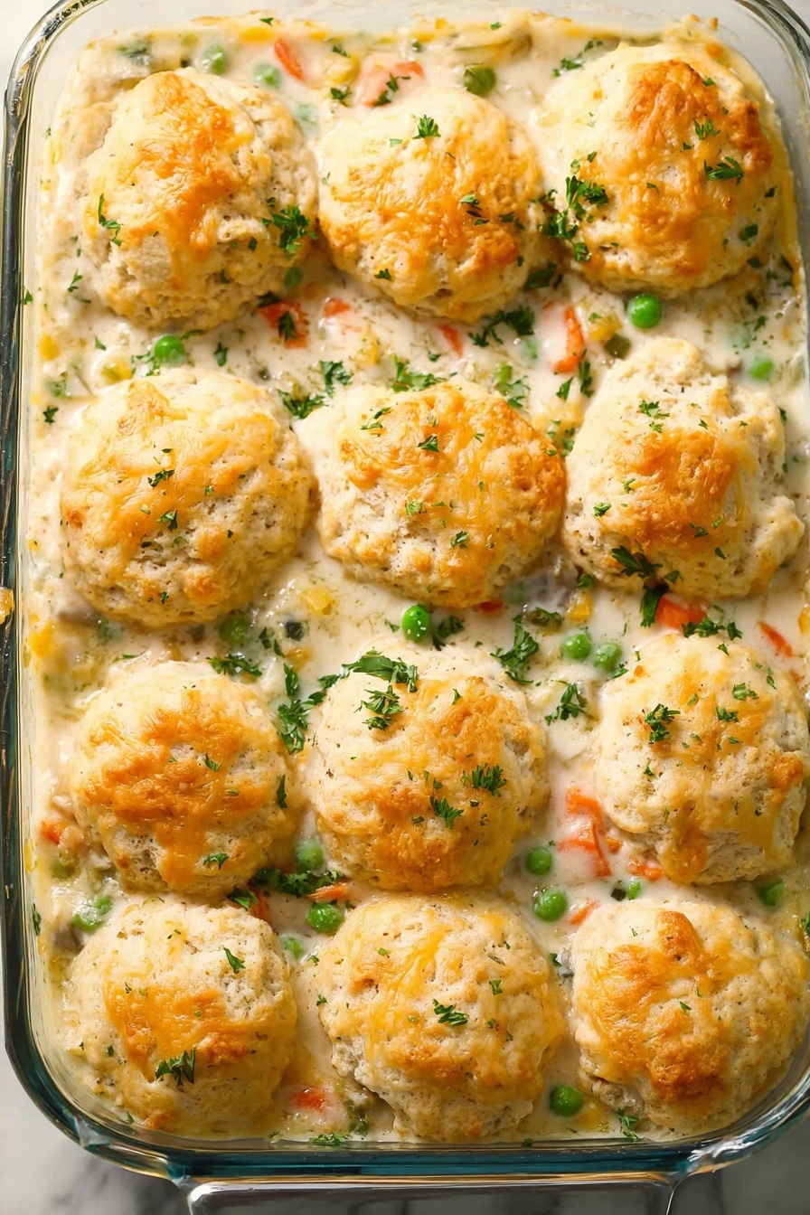The image shows a glass baking dish filled with a creamy casserole topped with twelve pale golden biscuits. Each biscuit has a soft, slightly uneven texture with hints of melted cheese on top. The creamy sauce beneath is white with visible small pieces of orange carrot and green peas mixed throughout, adding color contrast. Fresh green parsley leaves are sprinkled evenly over the biscuits for garnish. The background is a white marbled surface. photo taken with an iphone --ar 2:3 --v 7
