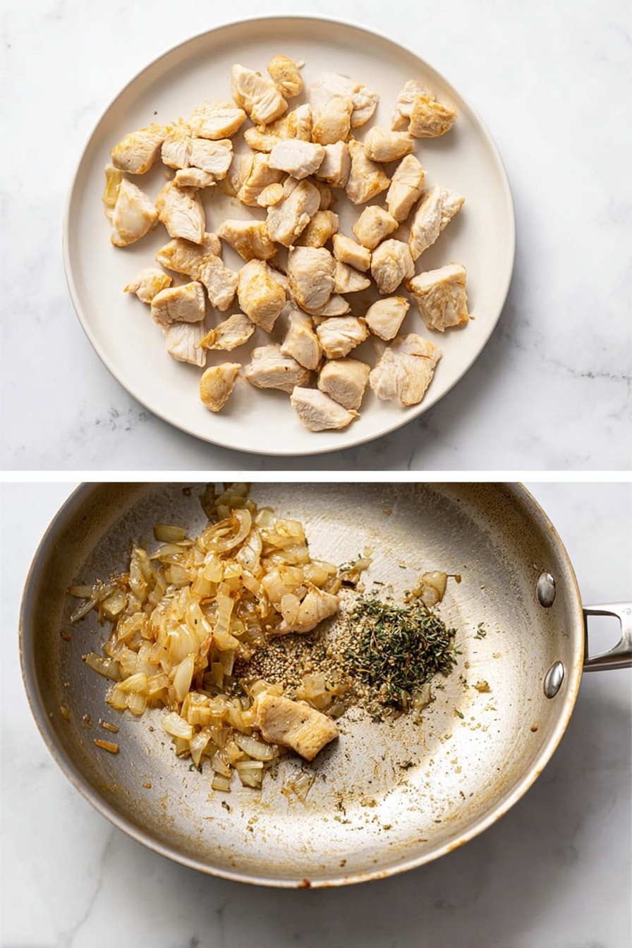 A white plate holds a serving of spaghetti mixed with small chunks of golden brown chicken and coated in a rich, reddish-brown sauce. The pasta strands are twisted and tangled, covered evenly by the sauce, and sprinkled with small flecks of fresh green parsley. The plate sits on a white marbled surface with a soft cloth partially visible on the side. photo taken with an iphone --ar 2:3 --v 7