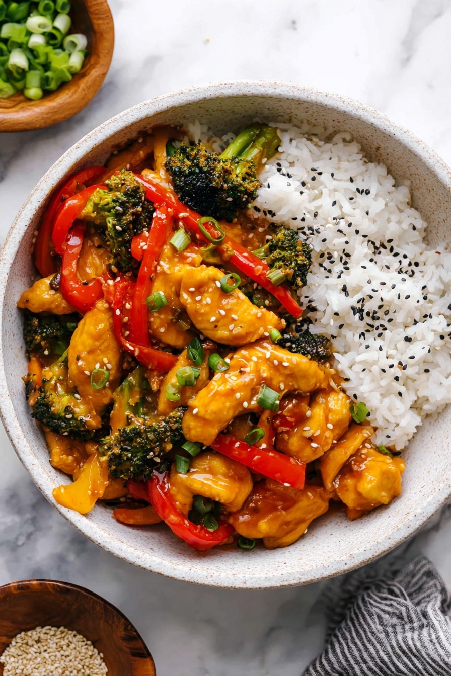 A white bowl filled with three visible layers: the bottom layer is a red sauce with visible chunks of vegetables, the middle layer has small bright green broccoli florets scattered around the edges, and the top layer is made of many pieces of light golden and white cooked chicken strips piled unevenly in the center. The bowl is placed on a white marbled surface. Photo taken with an iphone --ar 2:3 --v 7