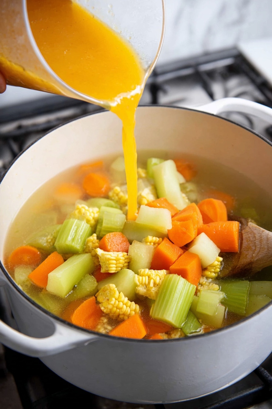 The white bowl holds a rich orange soup filled with several layers: bright orange carrot chunks, creamy white potato pieces, tender shredded chicken, green celery bits, and a bright yellow corn cob section, all floating in a slightly thick broth. A thin slice of lime with a green edge peeks out near the top, and fresh green herb leaves are sprinkled across the surface. The soup is seasoned with small black pepper specks. A silver spoon with a golden handle rests on the soup's edge, partially dipped in the broth. The background is a white marbled texture. Photo taken with an iphone --ar 2:3 --v 7